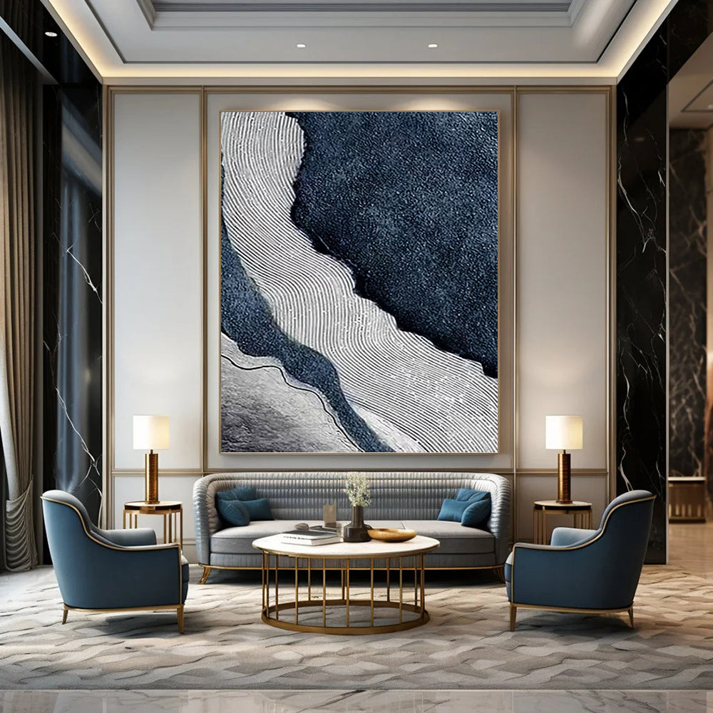 “Rippled River” - Blue, White & Gray Abstract Flowing Lines Painting On Canvas DKH1536