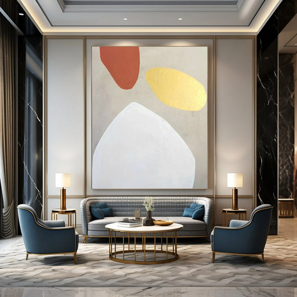 “Terracotta, Gold, and White Shapes” - Minimalist Abstract Painting On Canvas DKH1078