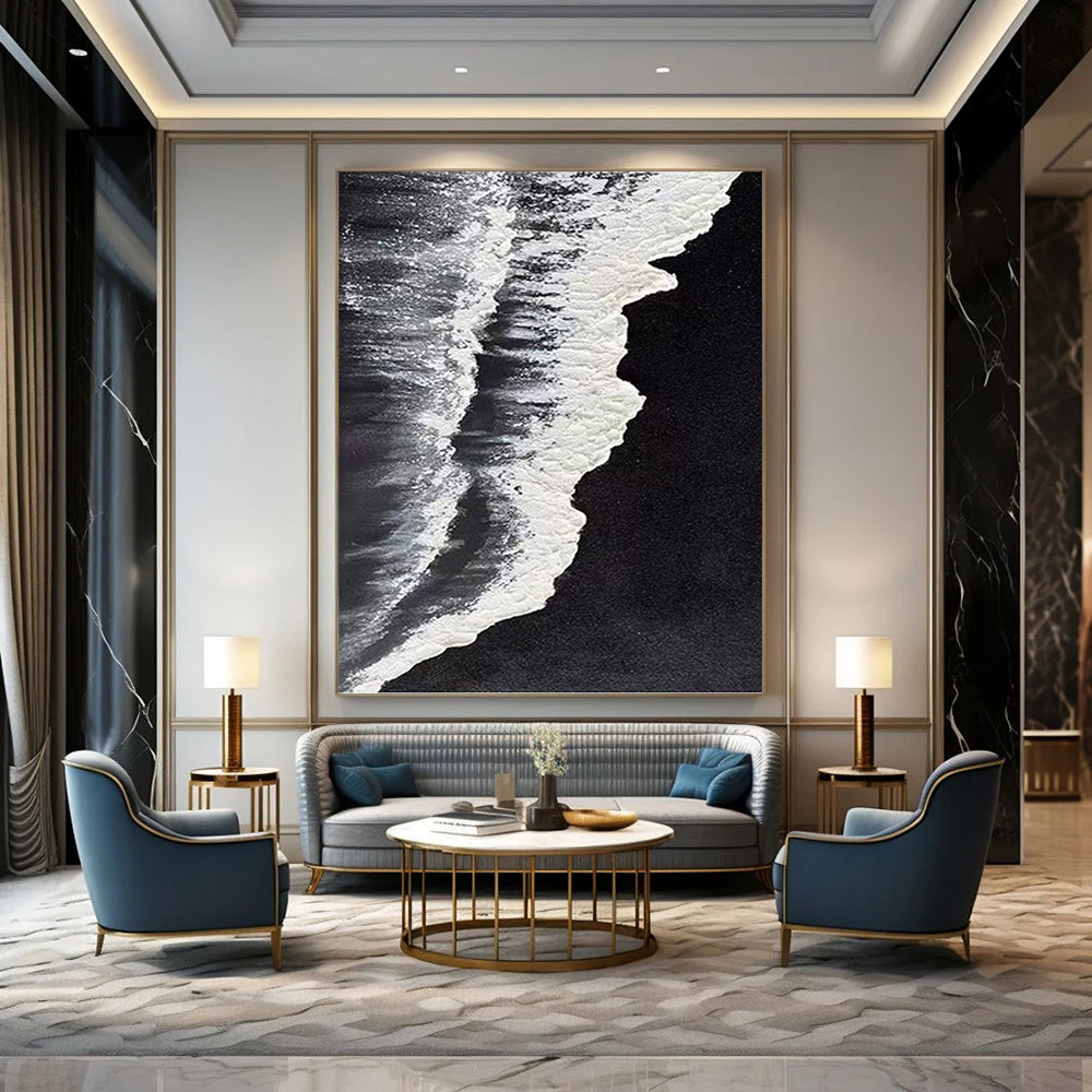 “Black - White Wave Detail” - Black & White Textured Seascape Painting On Canvas DKH0962