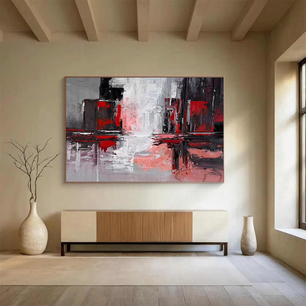 Red and Gray Urban Reflections Cityscape Inspired Abstract Painting On Canvas DKH263