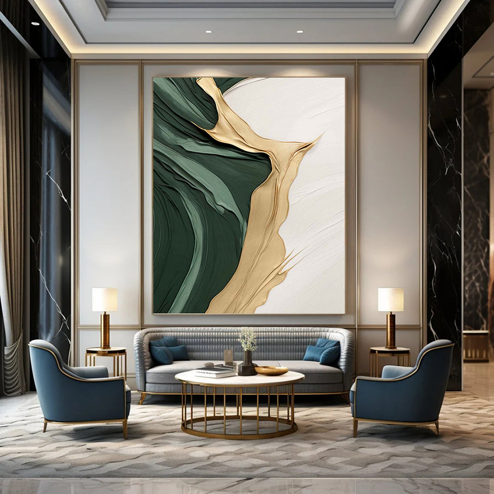 Emerald Green, Gold, and White Textured Abstract - Abstract Painting On Canvas DKH1496
