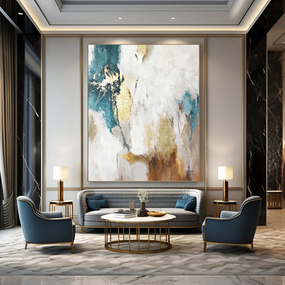 “Turquoise, Gold & White Abstract” - Turquoise, Gold & White Tropical - Inspired Painting On Canvas DKH1014