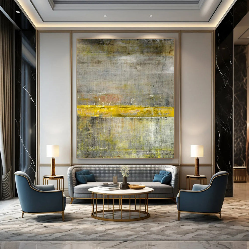 Gray & Yellow Abstract Divide - Minimalist Abstract Painting On Canvas CT2294