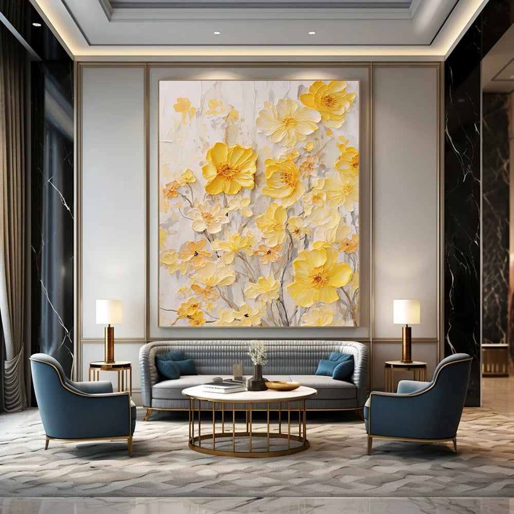 “Yellow Floral Relief” - Yellow, White, Gray Textured Floral Painting On Canvas DTP289
