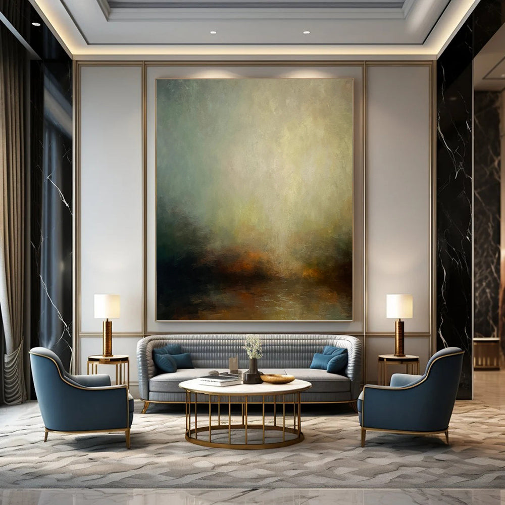 “Ethereal Glow” - Green, Yellow, Gray & Brown Abstract Landscape Painting On Canvas DKH1535