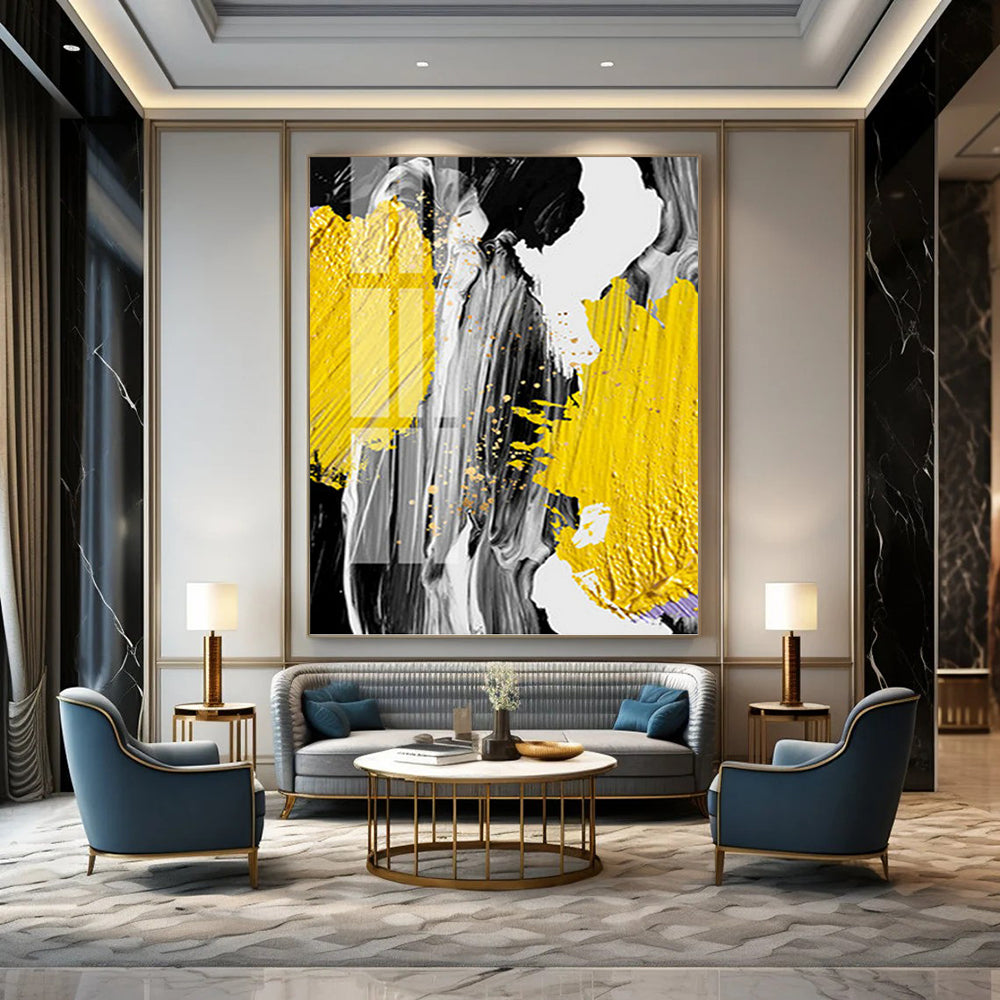 “Vibrant Strokes” - Yellow, Gray, Black & Gold Abstract Splashes Painting On Canvas DKH1526