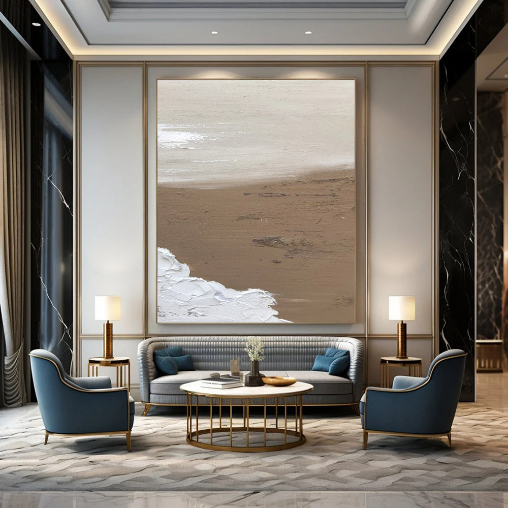 “Beige, White Textured Coast ‘Sunlit Serenity’” - Impasto Abstract Painting On Canvas DTP375