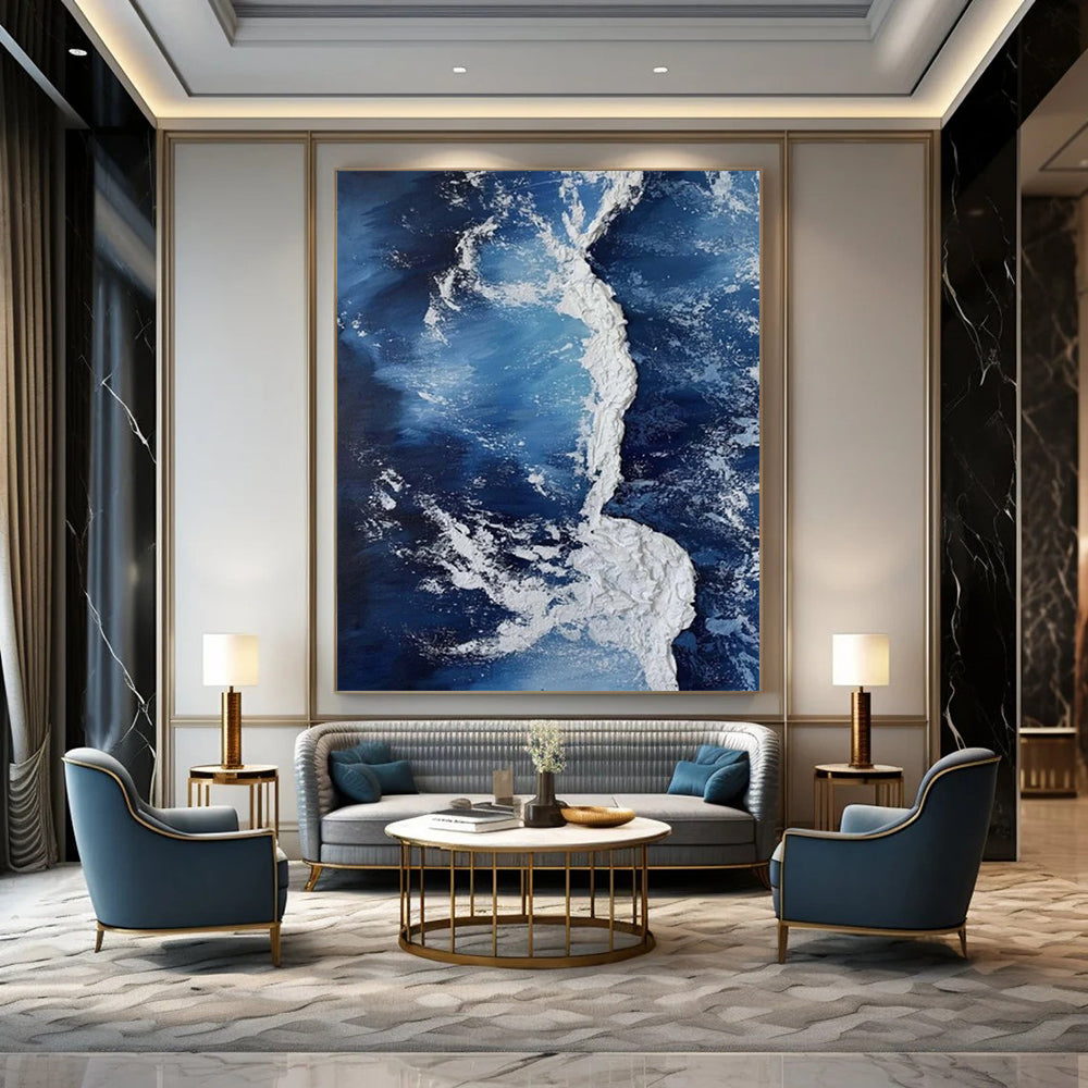 “Blue, White Textured Wave ‘Crashing Serenity’” - Impasto Sea Painting On Canvas DTP335