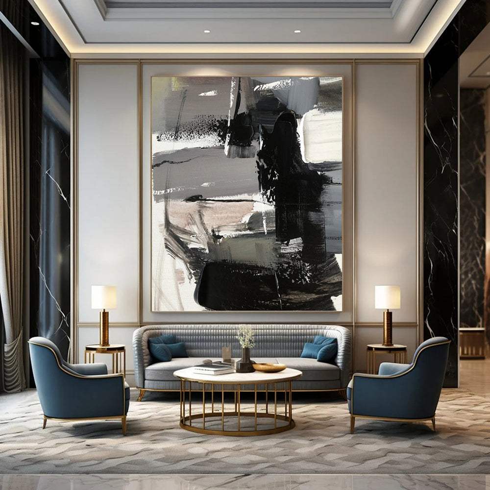 Gray & Black Abstract Forms - Abstract Composition Painting On Canvas DKH1263
