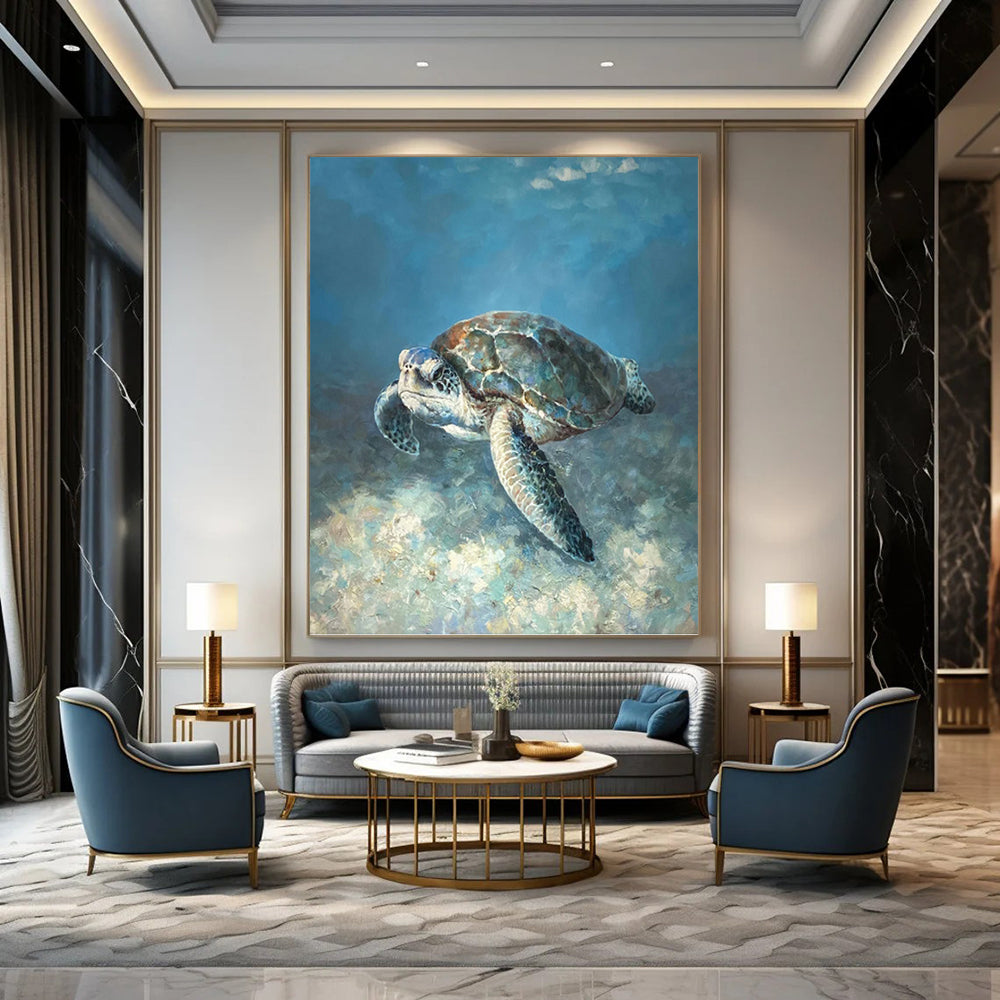 Realistic Sea Turtle in Blue Waters - Wildlife Painting On Canvas DKH1443