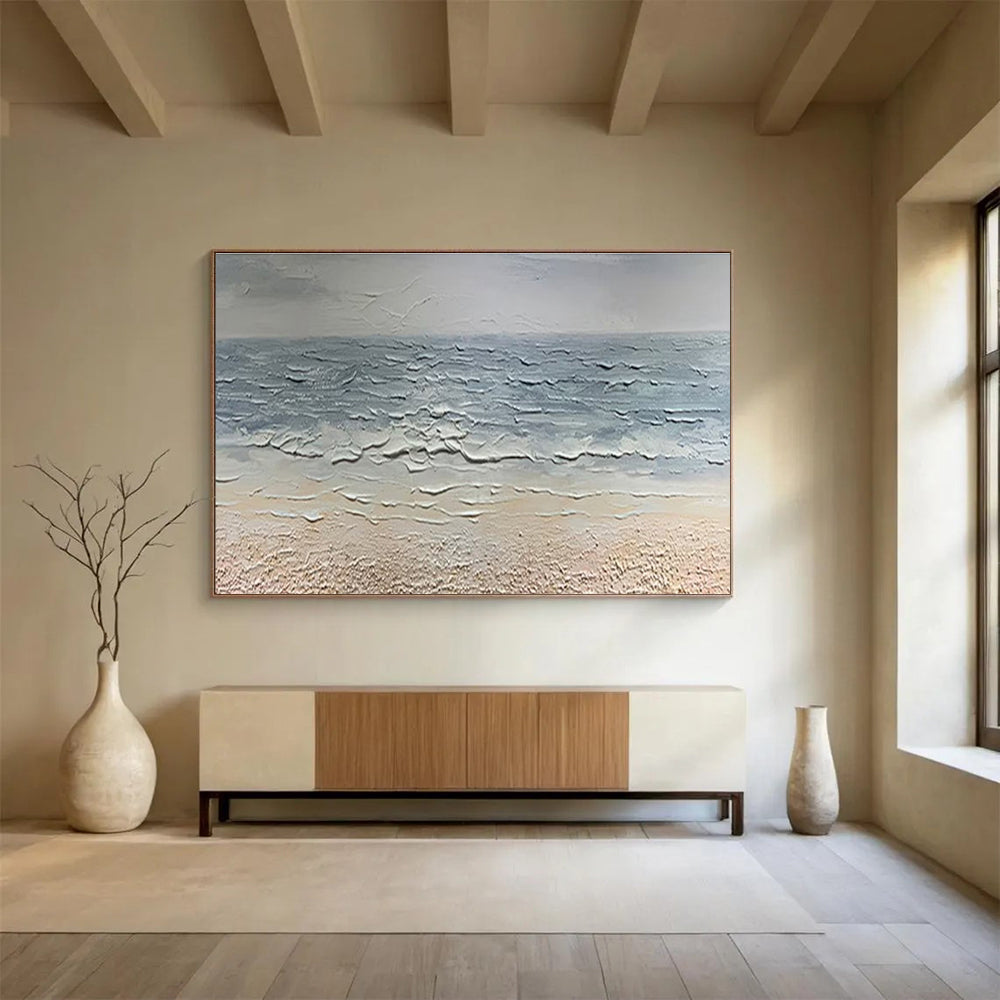 “Textured Seashore - Gray & Beige Impasto Beach Painting On Canvas” DKH865