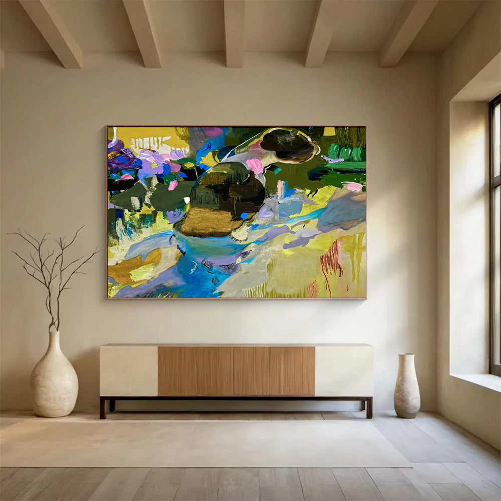 “Color - Drenched Feline in a Garden Dream” - Purple, Blue & Yellow Figurative Abstract Painting On Canvas DKH923