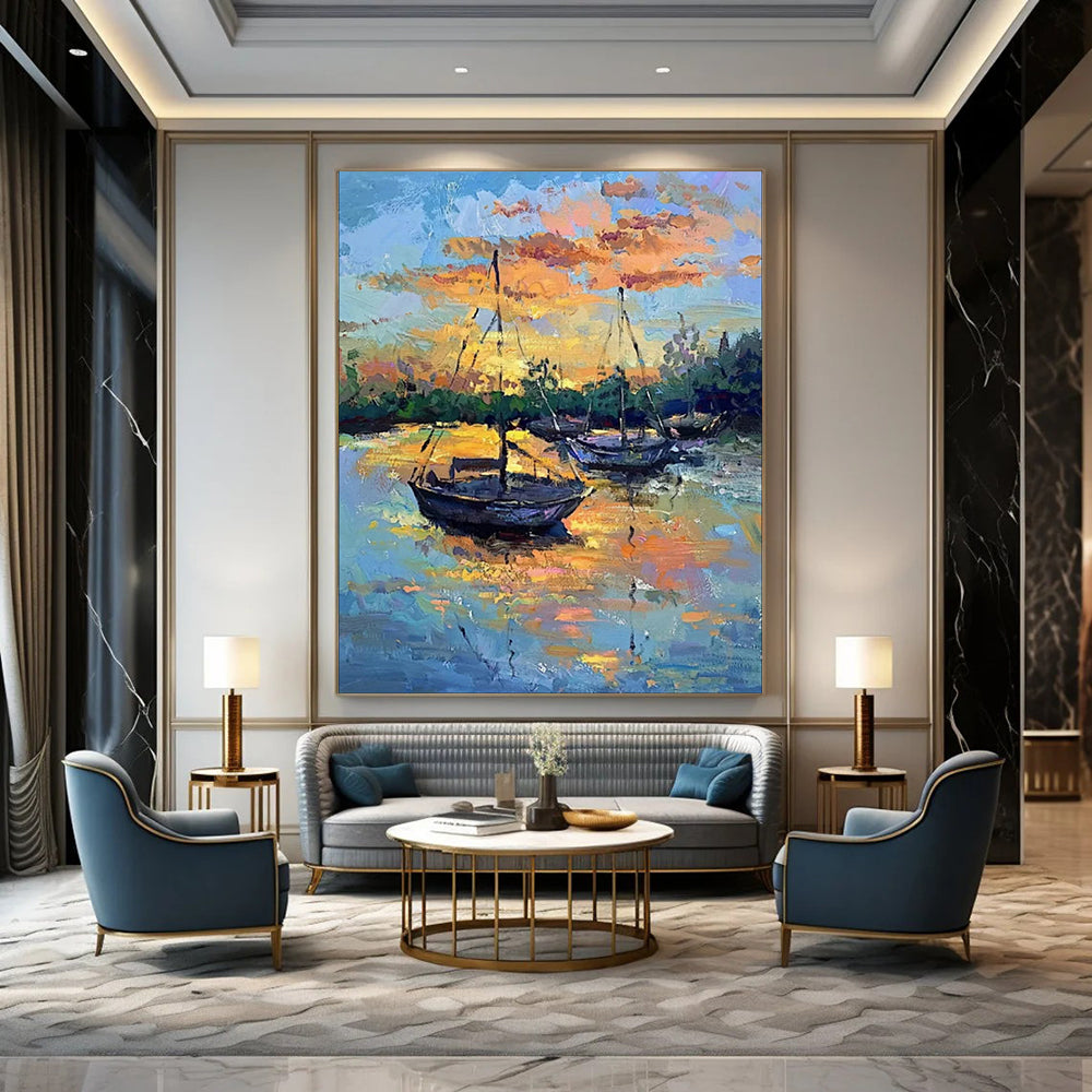 “Harbor at Sunset: Boats in Fiery Skies” - Impressionist Maritime Oil on Canvas CT1882