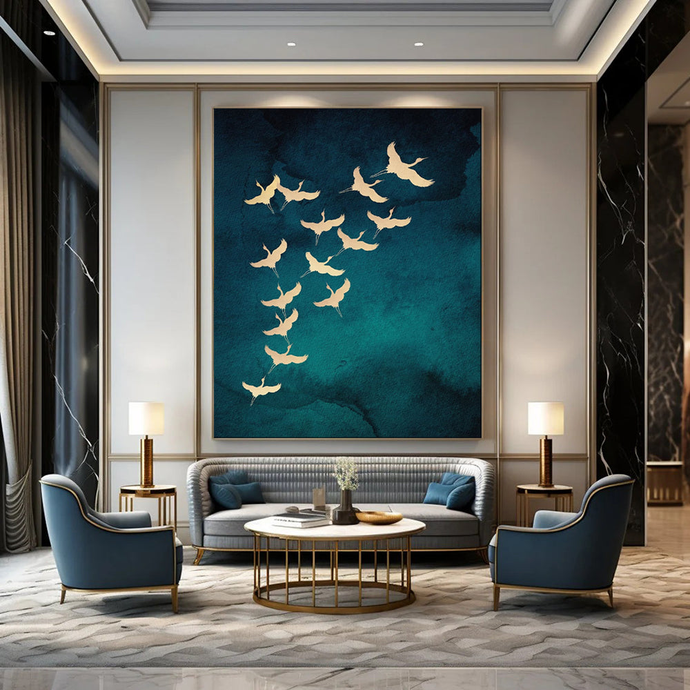 Golden Cranes Teal Blue Wash Oriental Inspired Avian Art CT1919