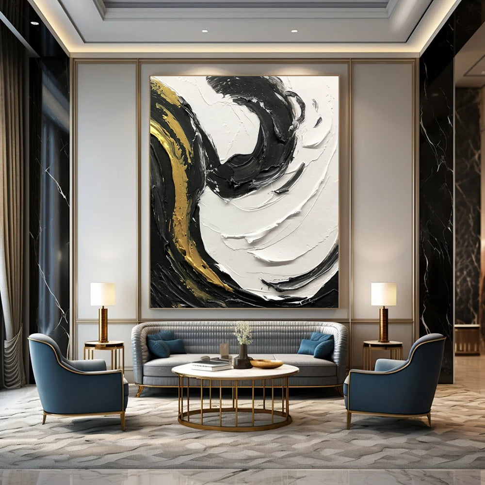 “Black, White, Gold Swirl ‘Elegant Dynamism’” - Impasto Abstract Painting On Canvas DTP381