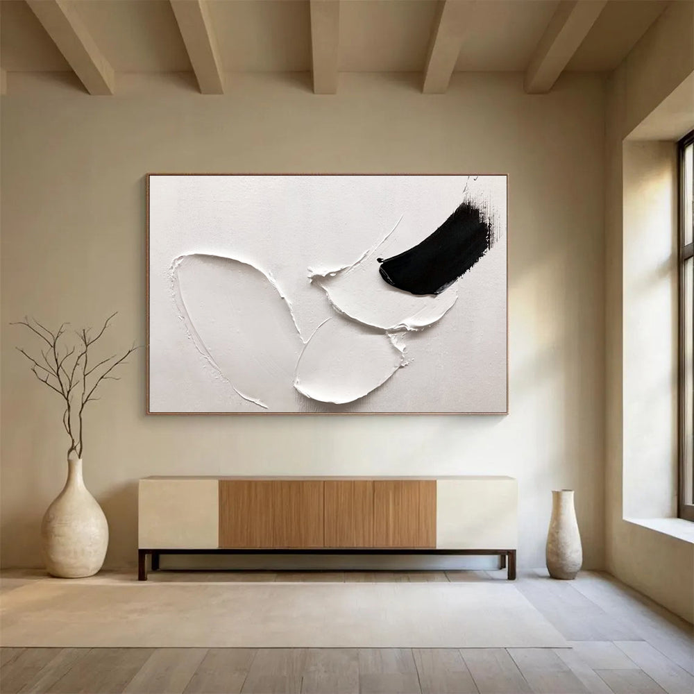 Simple Black & White Forms - White & Black Abstract Painting On Canvas DKH909