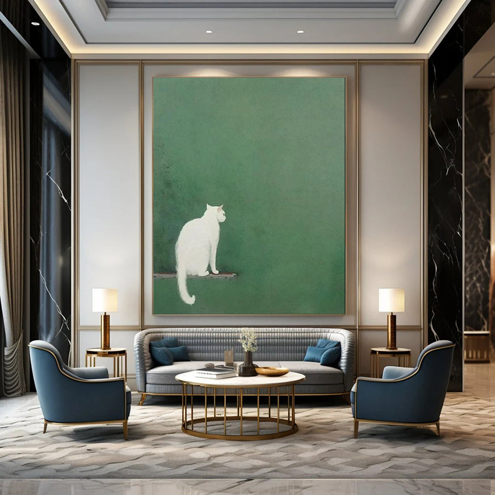 “White Cat on Green” - Minimalist Animal Art CT1937