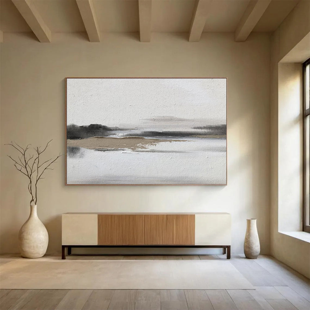 Minimalist Gray Landscape - Gray, White & Brown Landscape Painting On Canvas DKH911