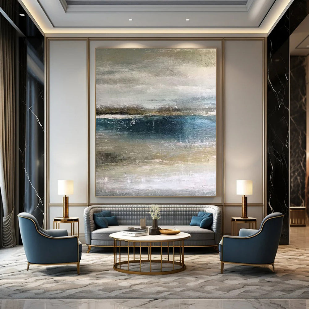 “Muted Coastal Layers” - Blue, Gray & Beige Abstract Seascape Painting On Canvas DKH0945