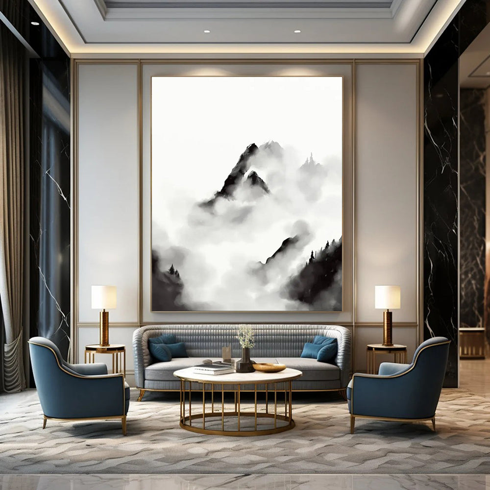 “Ink - Wash Mountain Clouds” - Black and White Ink - Wash Painting On Canvas DTP207