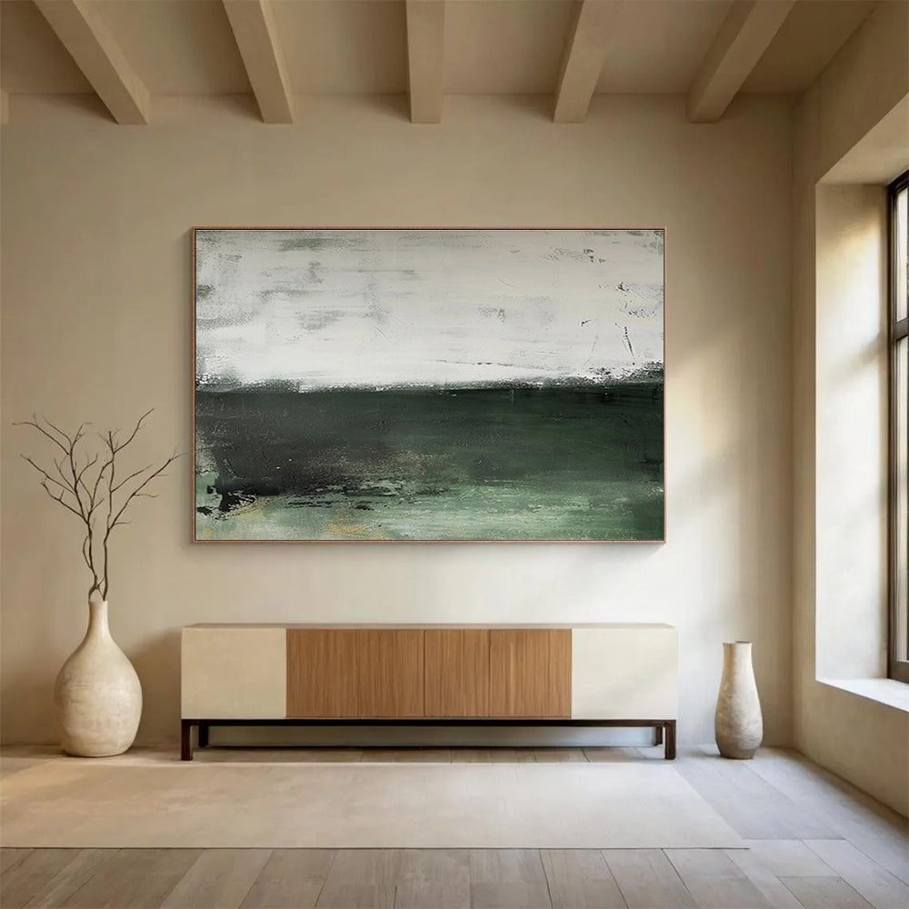 Muted Green and White Horizons Subtle Color Block Abstract Painting On Canvas DKH264