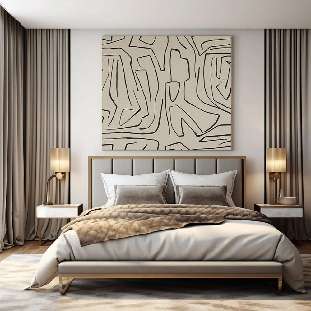 “Beige - Black Linear Abstraction” – Linear Abstract Painting CT1139
