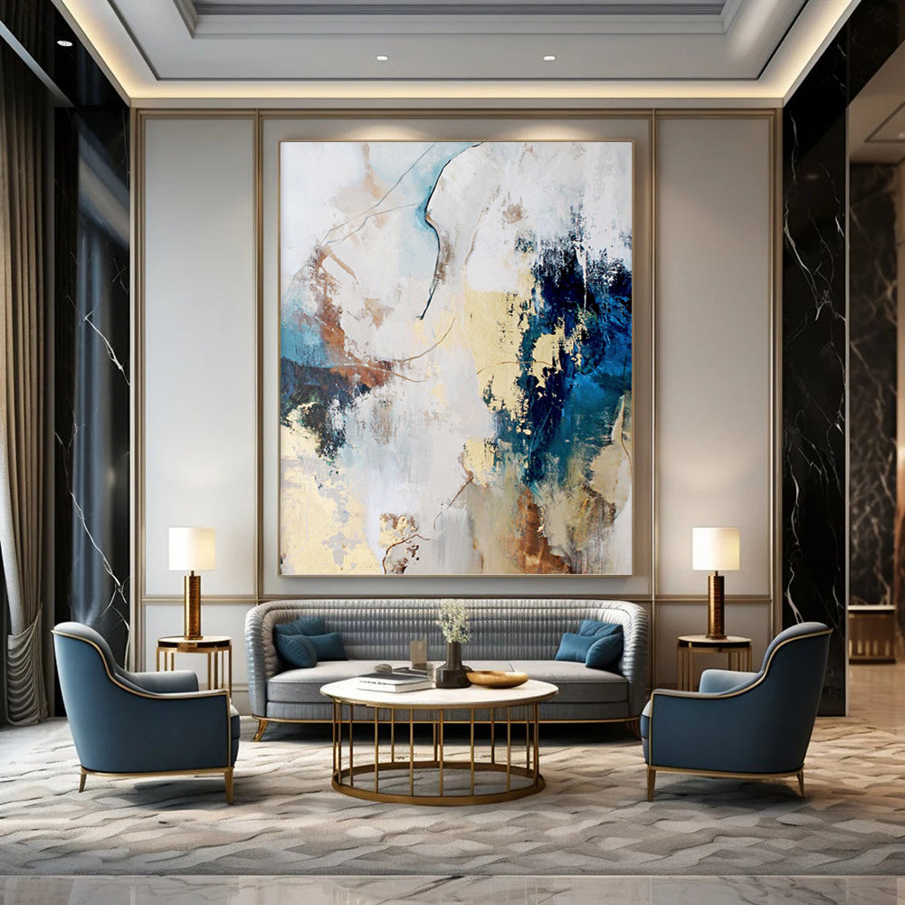“Blue, Beige & Gold Abstract Blend” - Blue, Beige, Gold & White Eclectic Painting On Canvas DKH1018