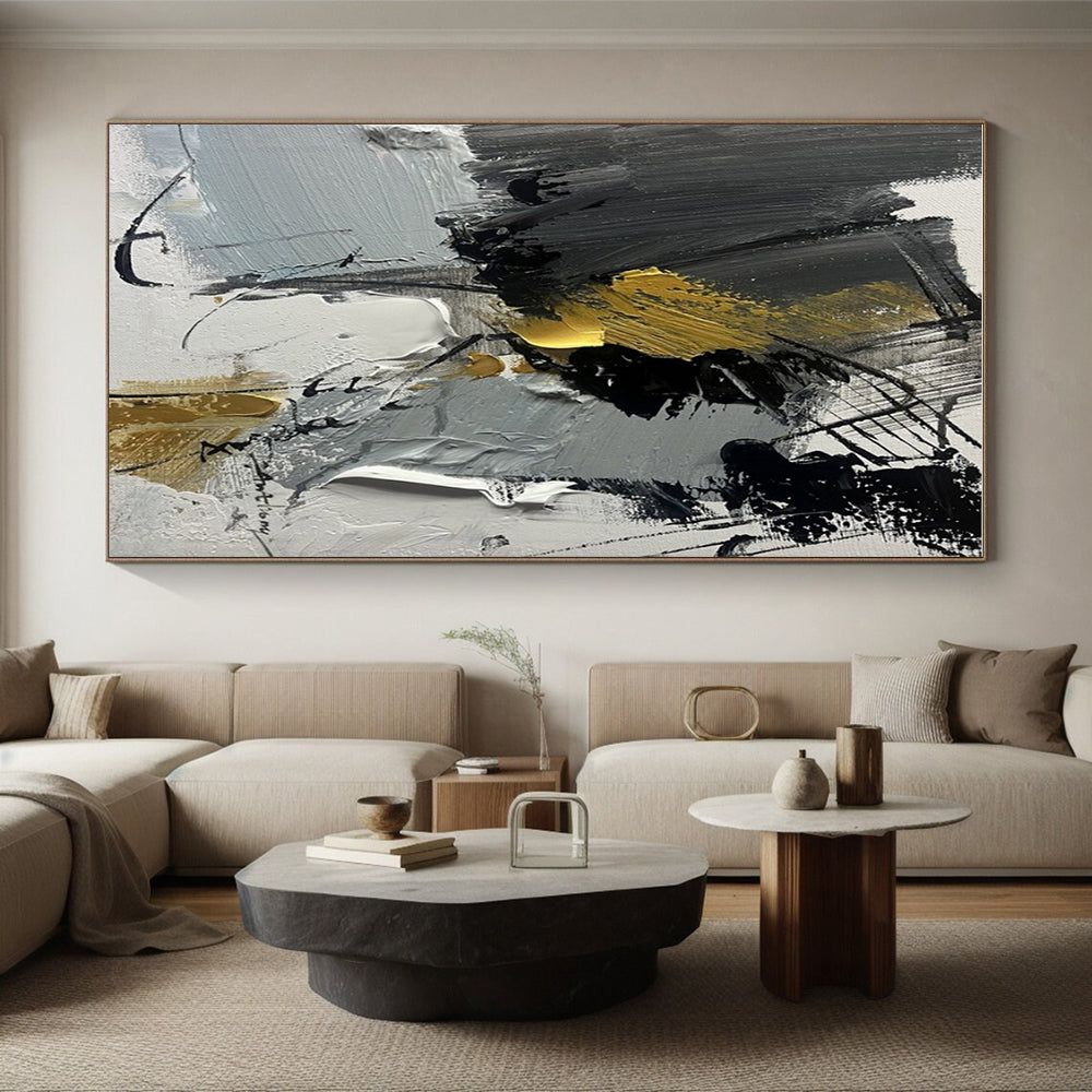 “Gray - Black - Gold Abstract Fusion” ,Abstract Acrylic Painting CT0792