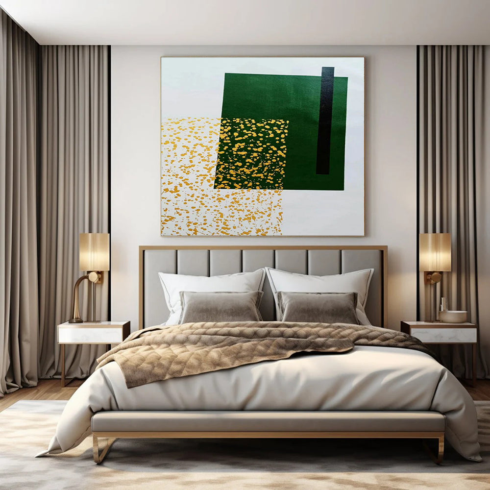 Green, Black & Gold Specks - Abstract Minimalist Acrylic On Canvas CT1328