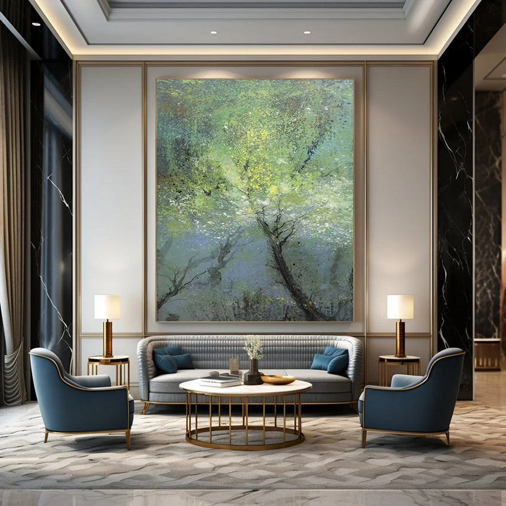 “Misty Green Forest” - Green, Blue, Gray Abstract Landscape Painting On Canvas DTP247