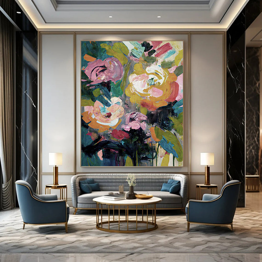 Colorful Floral Bouquet in Green Vase - Bold Flower Painting On Canvas DKH1355