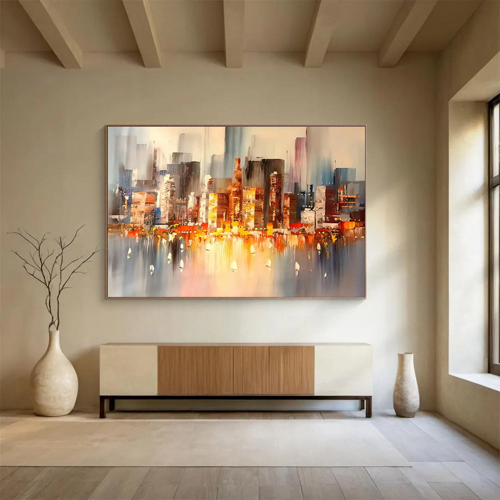 Colorful City Skyline - Gray, Orange & Blue Urban Painting On Canvas DKH899
