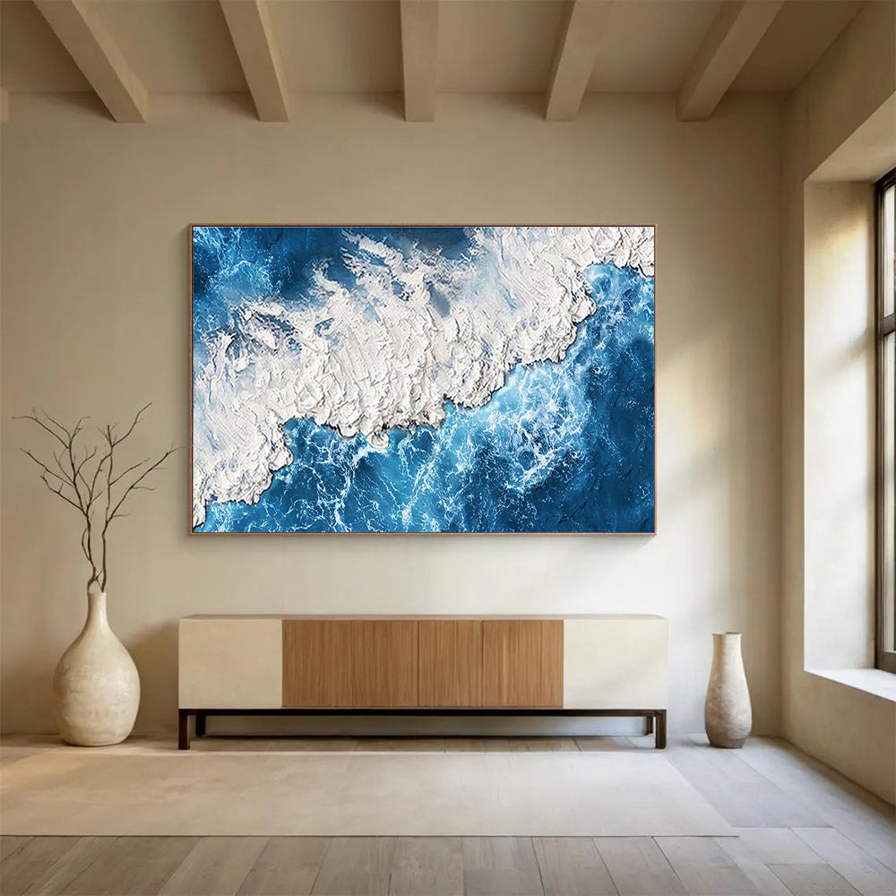 “Textured Blue and White Coastline” - Impressionistic Seascape Painting On Canvas DKH785