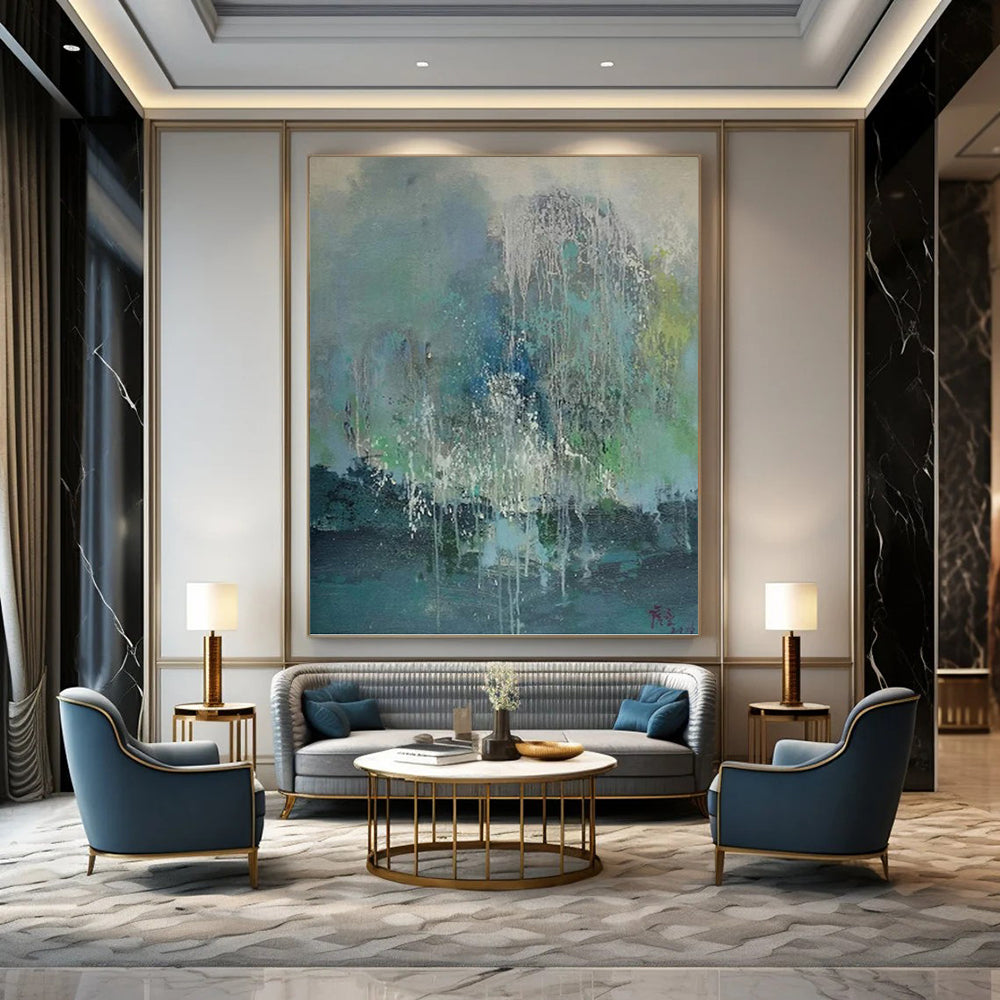 “Colorful Dripping Abstract” - Blue, Green, White & Gray Dripping Abstract Painting On Canvas DKH1199