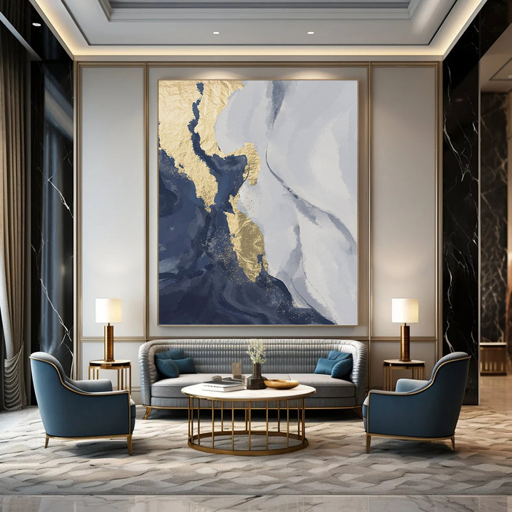 “Gilded Currents” - Blue, Gold & Gray Abstract Waves Painting On Canvas DKH1514