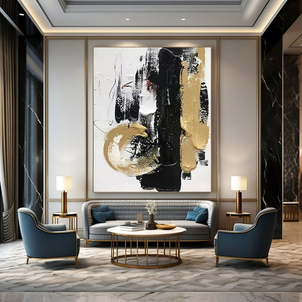 “Black - Gold Abstract Drama” - Textured Abstract Painting On Canvas DTP146