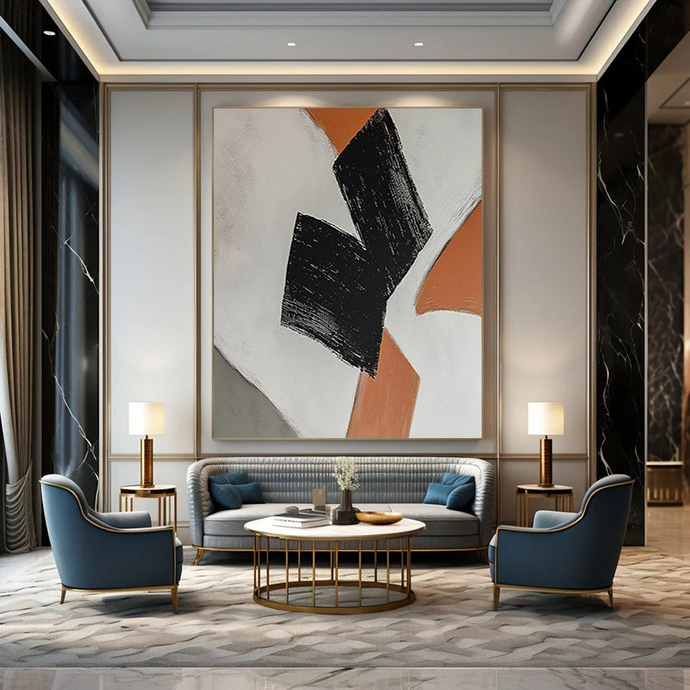 “Black - Orange Geometric Shapes” - Minimalist Abstract Painting On Canvas DTP111