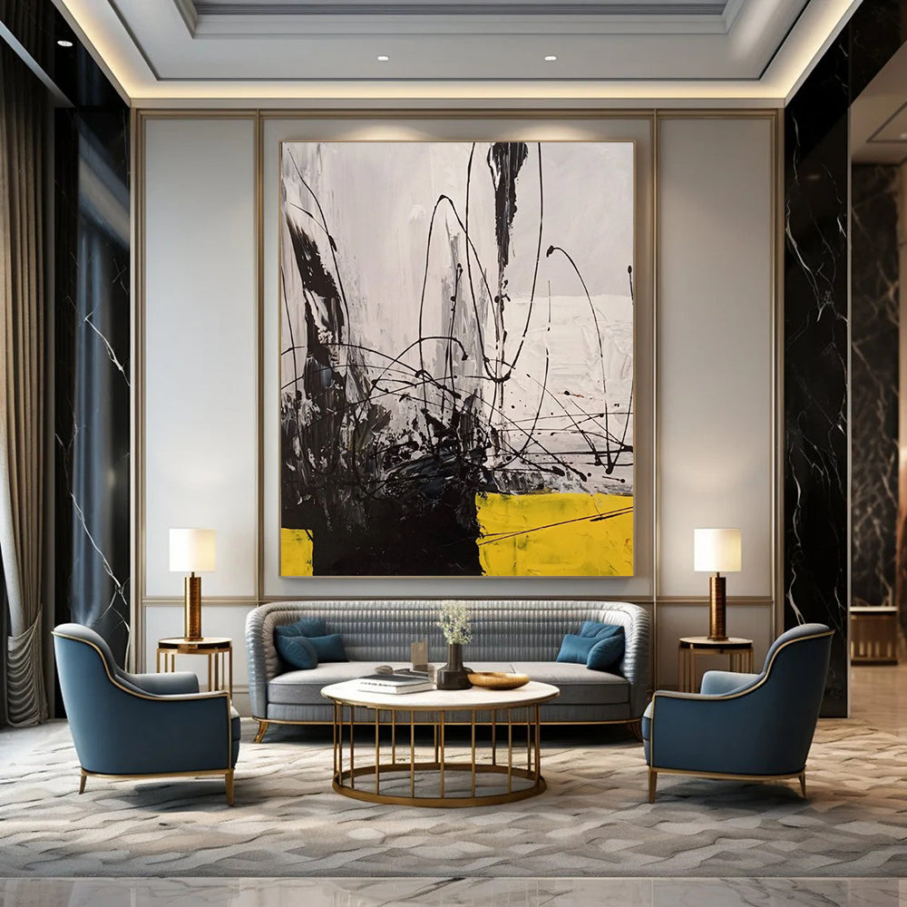 “Black - White - Yellow Abstraction” - Abstract Expressionist Painting On Canvas DTP053