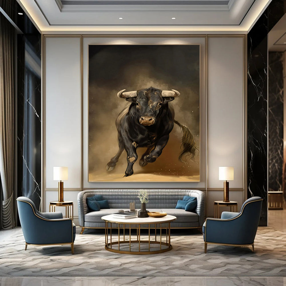 Charging Black Bull in Earthy Tones - Wildlife Painting On Canvas DKH1409