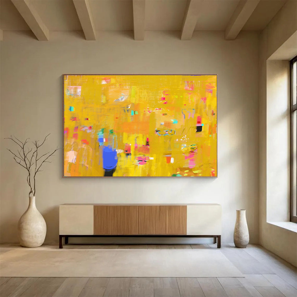 Bold Yellow Abstract Energy - Vivid Hues and Dynamic Marks Painting On Canvas DKH038