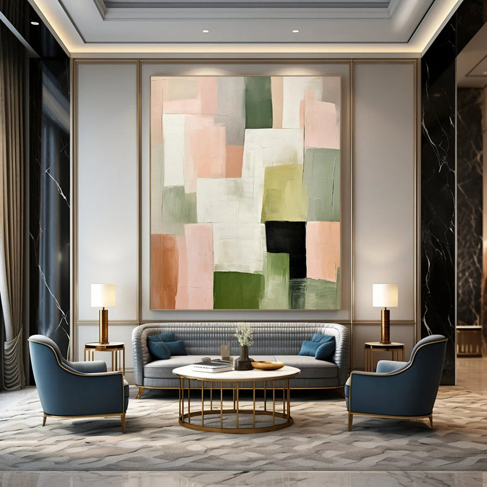 Neutral & Green Geometric Blocks - Modernist Geometry - Based Painting On Canvas CT2260