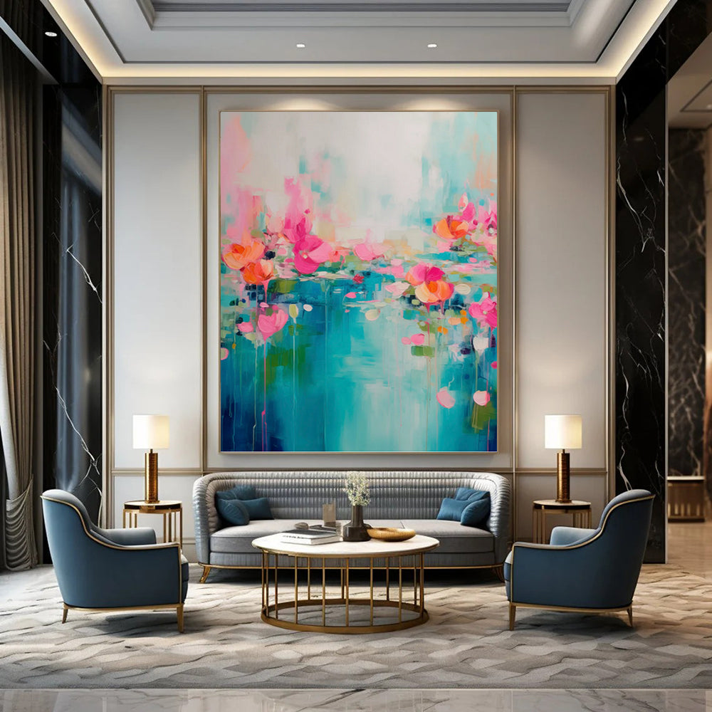 “Turquoise, Pink & Orange Floral Abstract Drip” Painting On Canvas DKH0993
