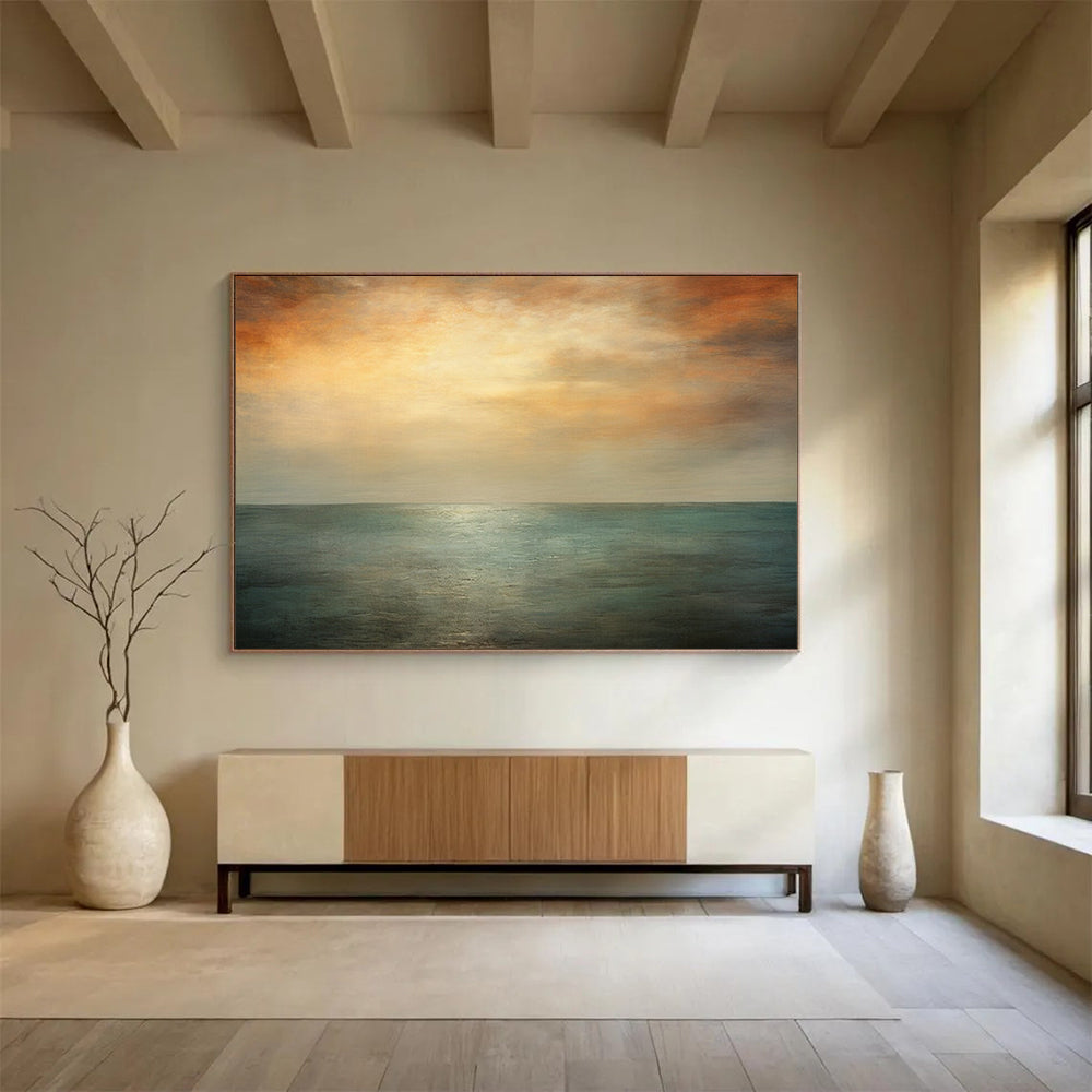 “Orange, Teal, Gray Seaside ‘Eternal Sunset’” - Abstract Seascape Painting On Canvas DLZ010