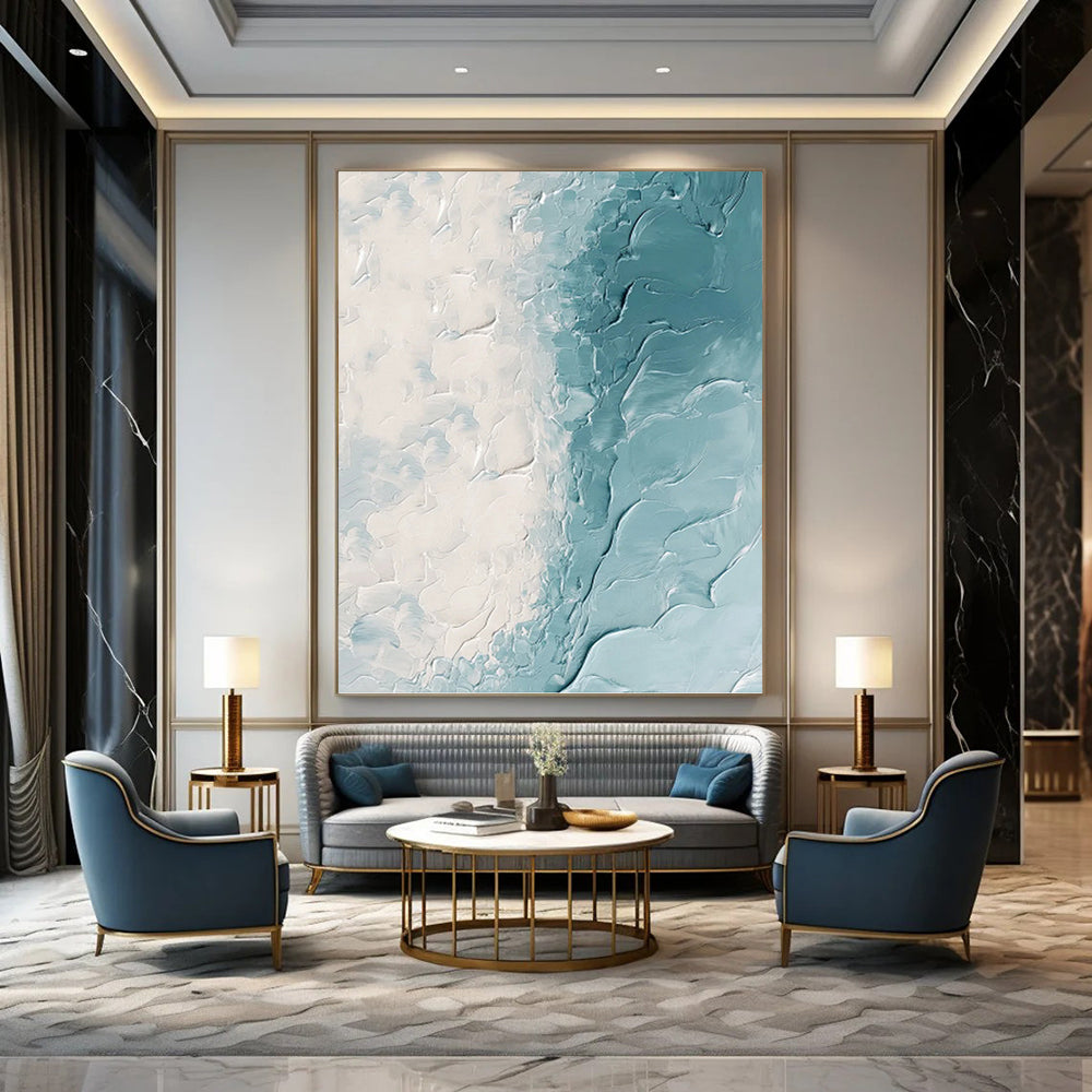 White & Teal Textured Flow - Abstract Impasto Painting On Canvas DKH1250