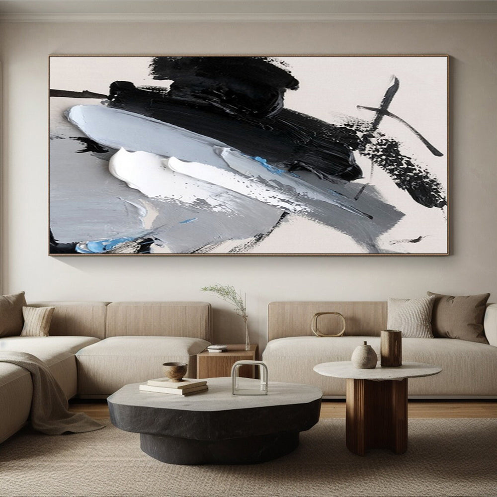 Black, Gray, White & Blue Abstract Strokes, “Chilled Dynamism” - Impasto Abstract Painting CT0777