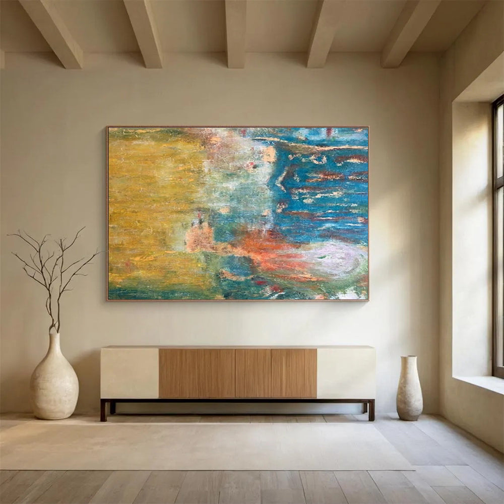 “Warm - Cool Fusion” - Yellow, Blue, Green Abstract Oil Painting On Canvas DKH721