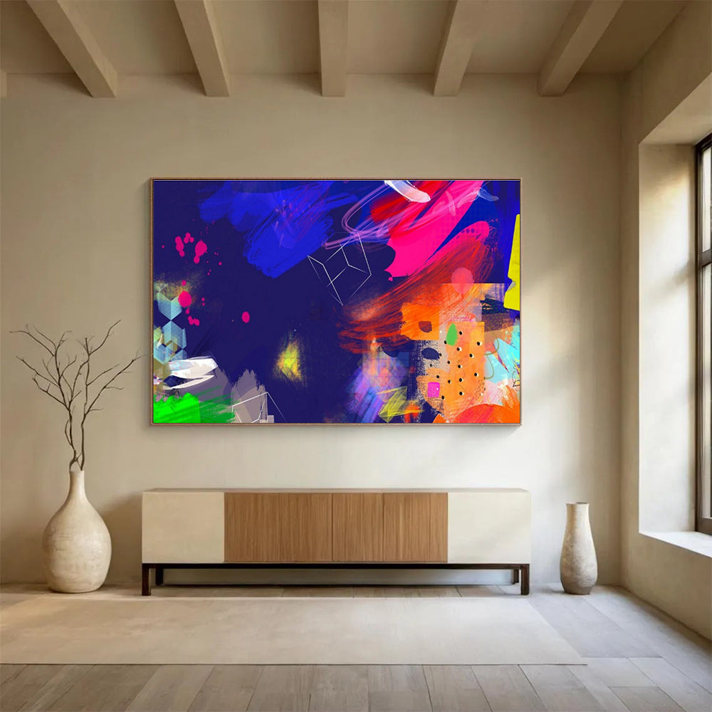 Neon Nights Collage Blue Pink Colorful Abstract Elements Painting On Canvas DKH202