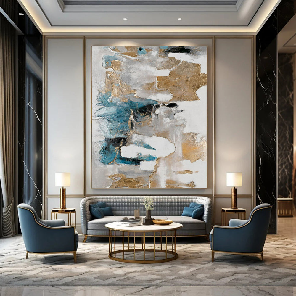“Gold & Blue Abstraction” - Metallic Abstract Painting On Canvas CT2245
