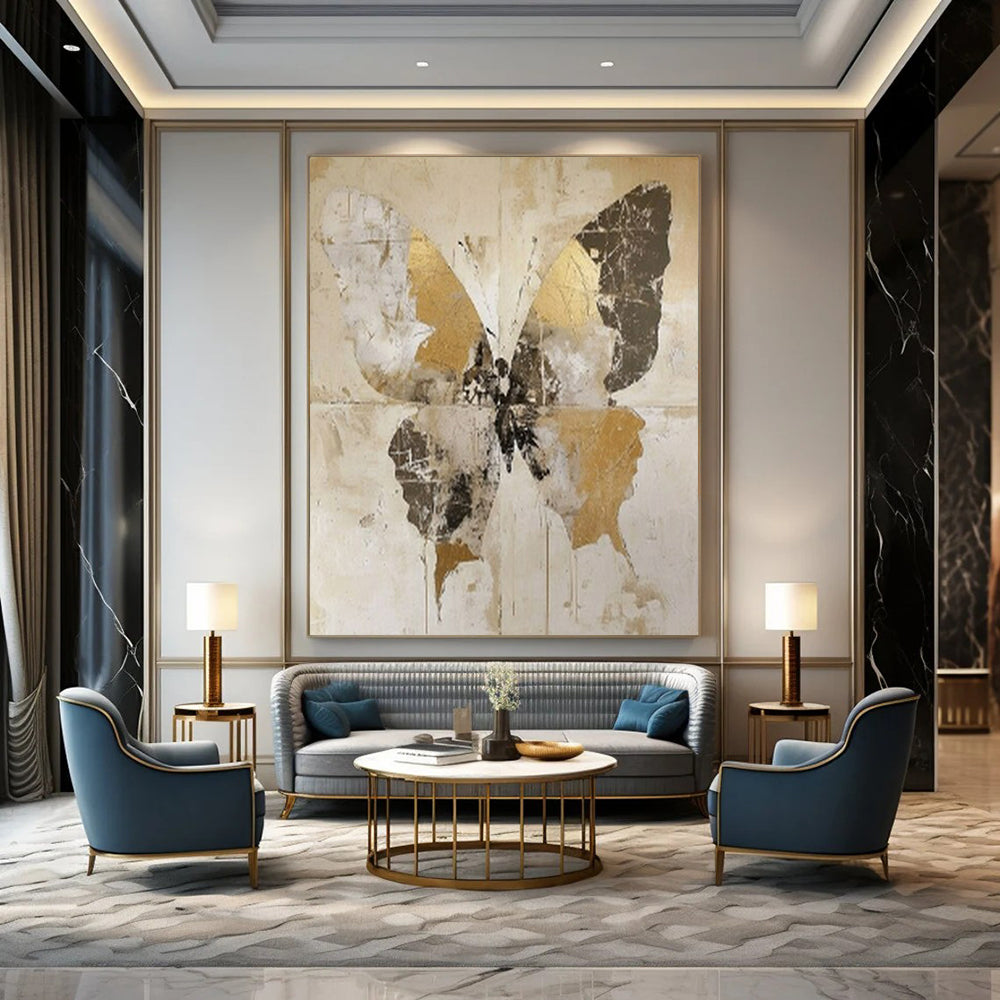 “Vintage Gold Butterfly” - Gold, Gray & Brown Butterfly Painting On Canvas CT2206