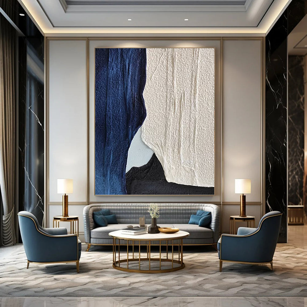 “Indigo & Ivory” - Indigo, Ivory & Black Textured Abstract Shapes Painting On Canvas DKH1547